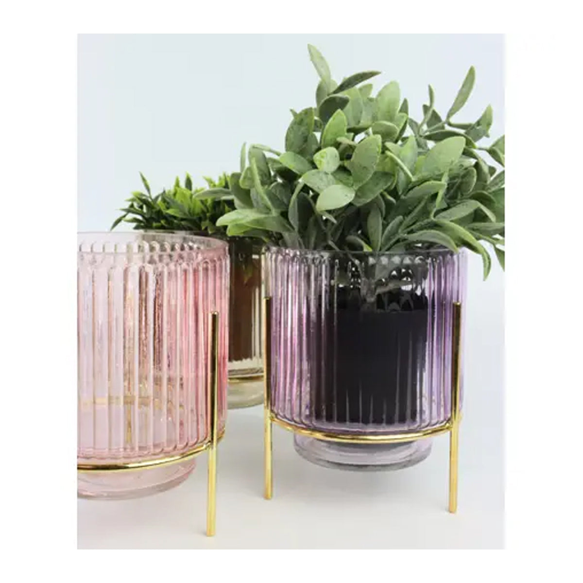 Windlicht auf Ständer 8116 lila/gold Glas/Eisen 11,5x11,5x13 cm