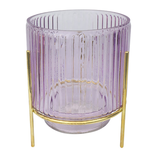 Windlicht auf Ständer 8116 lila/gold Glas/Eisen 11,5x11,5x13 cm