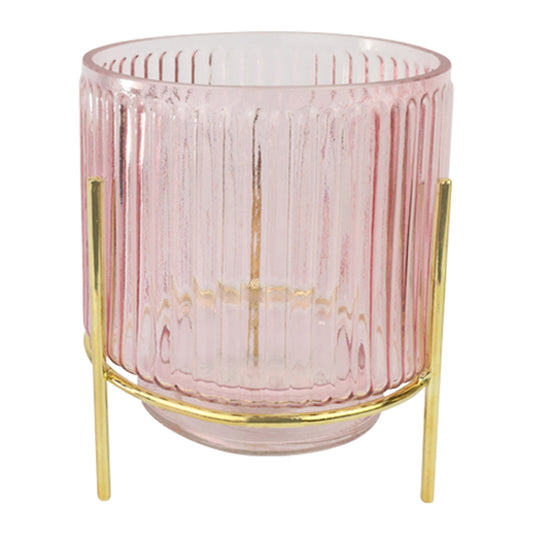 Windlicht auf Ständer 8116 rosa/gold Glas/Eisen 11,5x11,5x13 cm