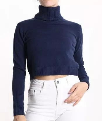 Damen Rollkragenpullover dunkelblau, kurz, one size