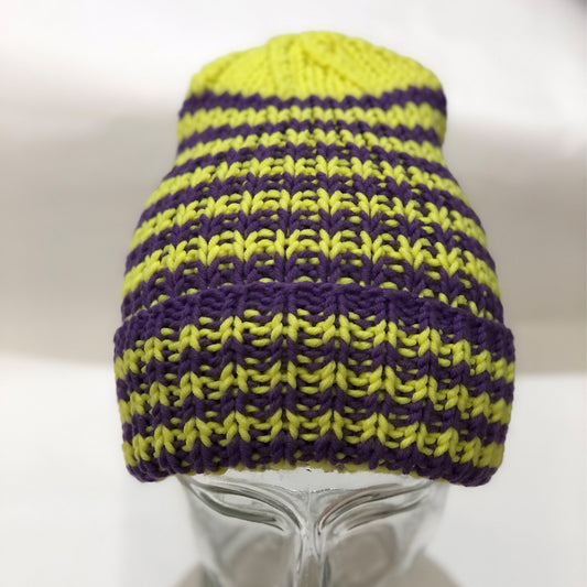 CASAROSA handgestrickte Ringel-Mütze für Erwachsene one size neongelb violett