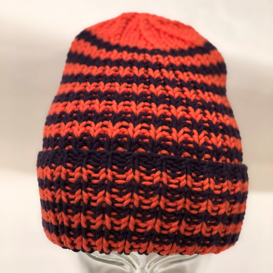CASAROSA handgestrickte Ringel-Mütze für Erwachsene one size neonorange dunkelviolett