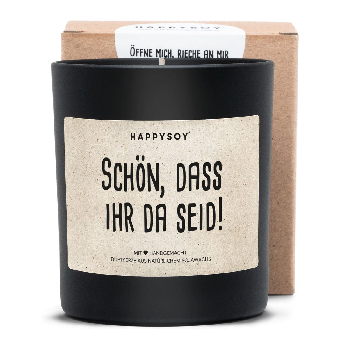 HAPPYSOY Duftkerze mit Spruch - Schön, dass ihr da seid - und wundervollem Duft