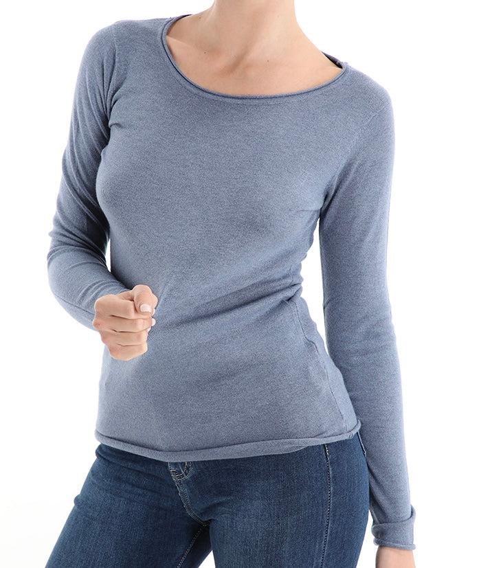 Damen Pullover Rundhals, graublau, one size