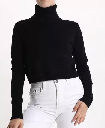 Damen Rollkragenpullover schwarz, kurz, one size