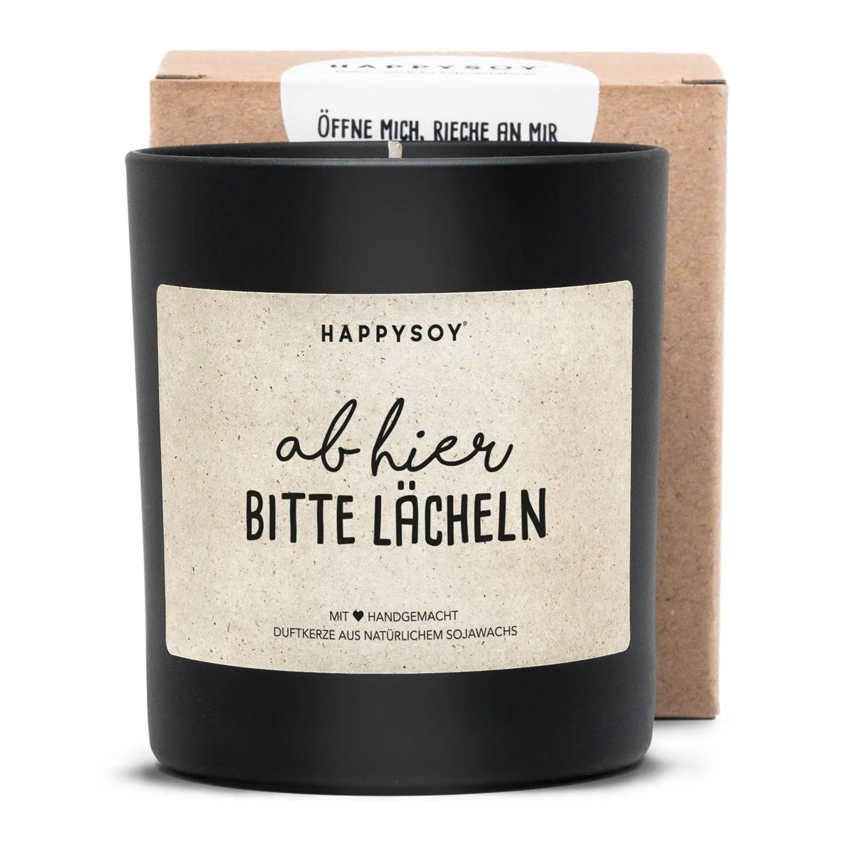 HAPPYSOY Duftkerze mit Spruch - ab hier bitte lächeln - und wundervollem Duft